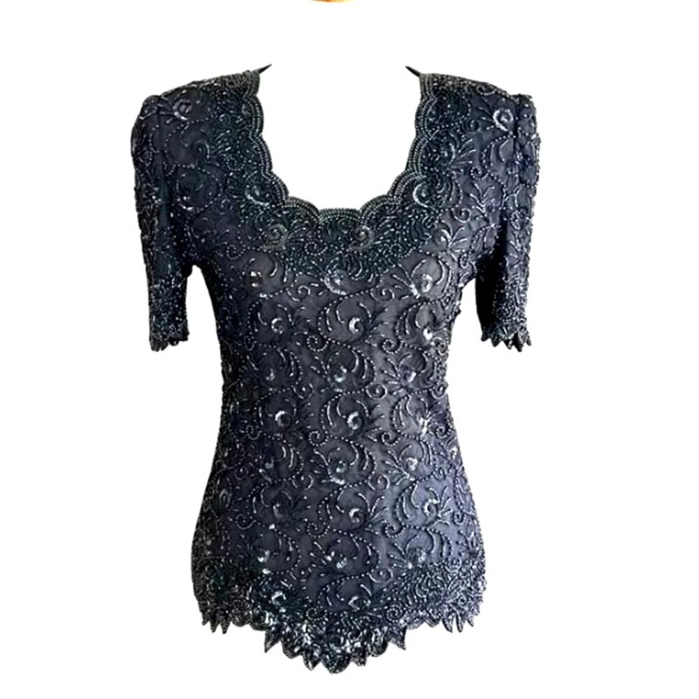 Vintage Brilliante by J.A. Black Beaded Evening Top – Scalloped Hem, Size M